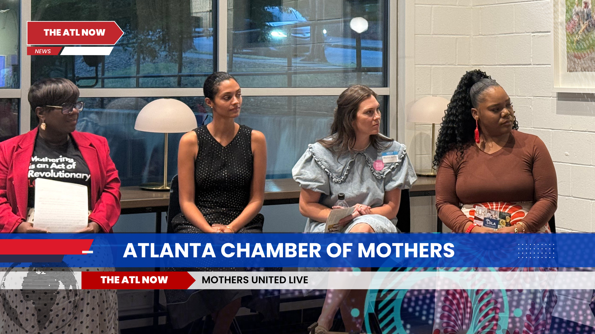 Panel of four women seated indoors, discussing at an Atlanta Chamber of Mothers event.