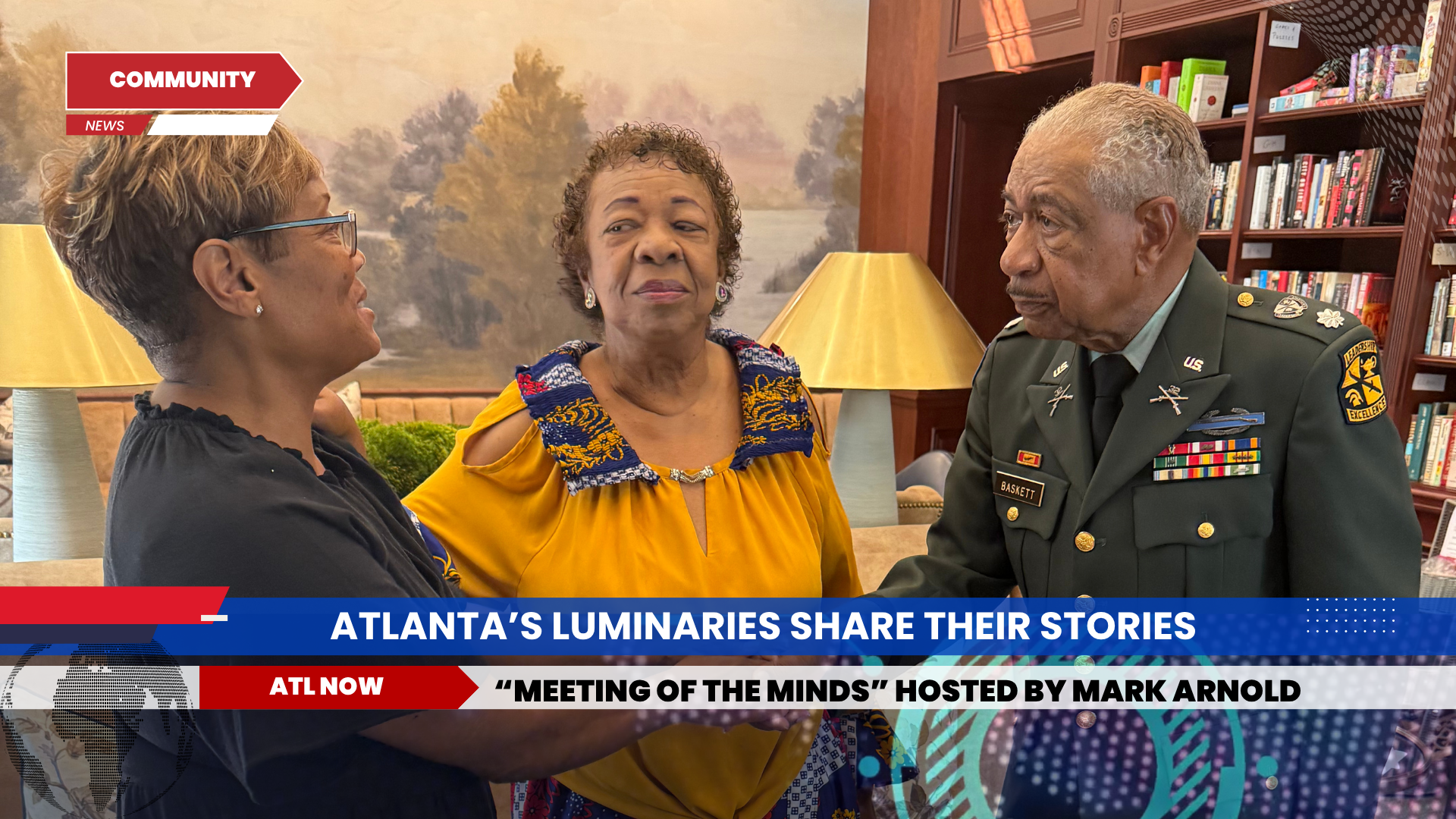 Three people in an Atlanta library, one in a military uniform, sharing stories at an event,