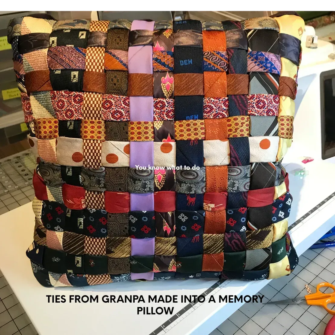 A woven memory pillow made from colorful patterned neckties, resting on a sewing table.