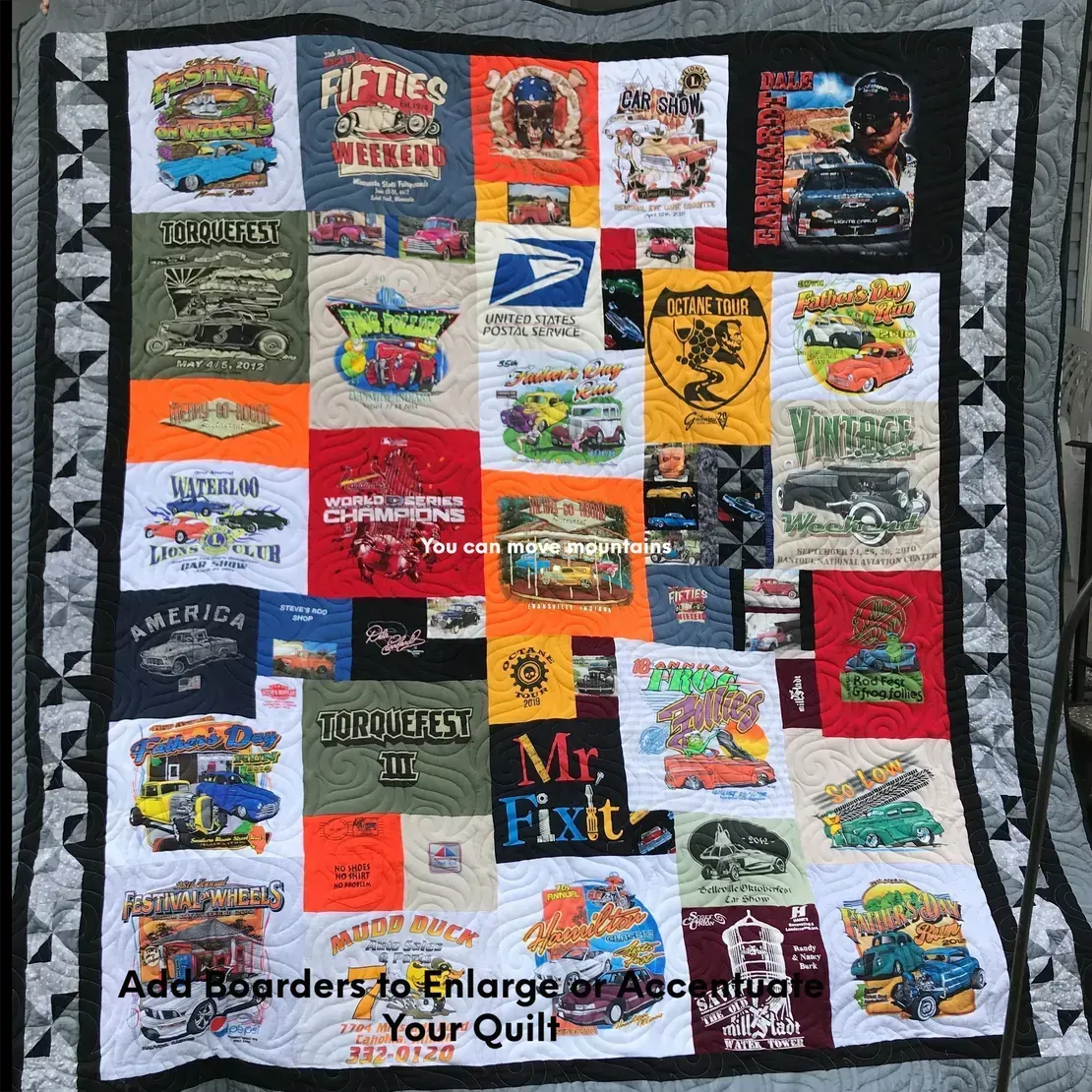 A colorful patchwork T-shirt quilt featuring various automotive-themed graphic designs