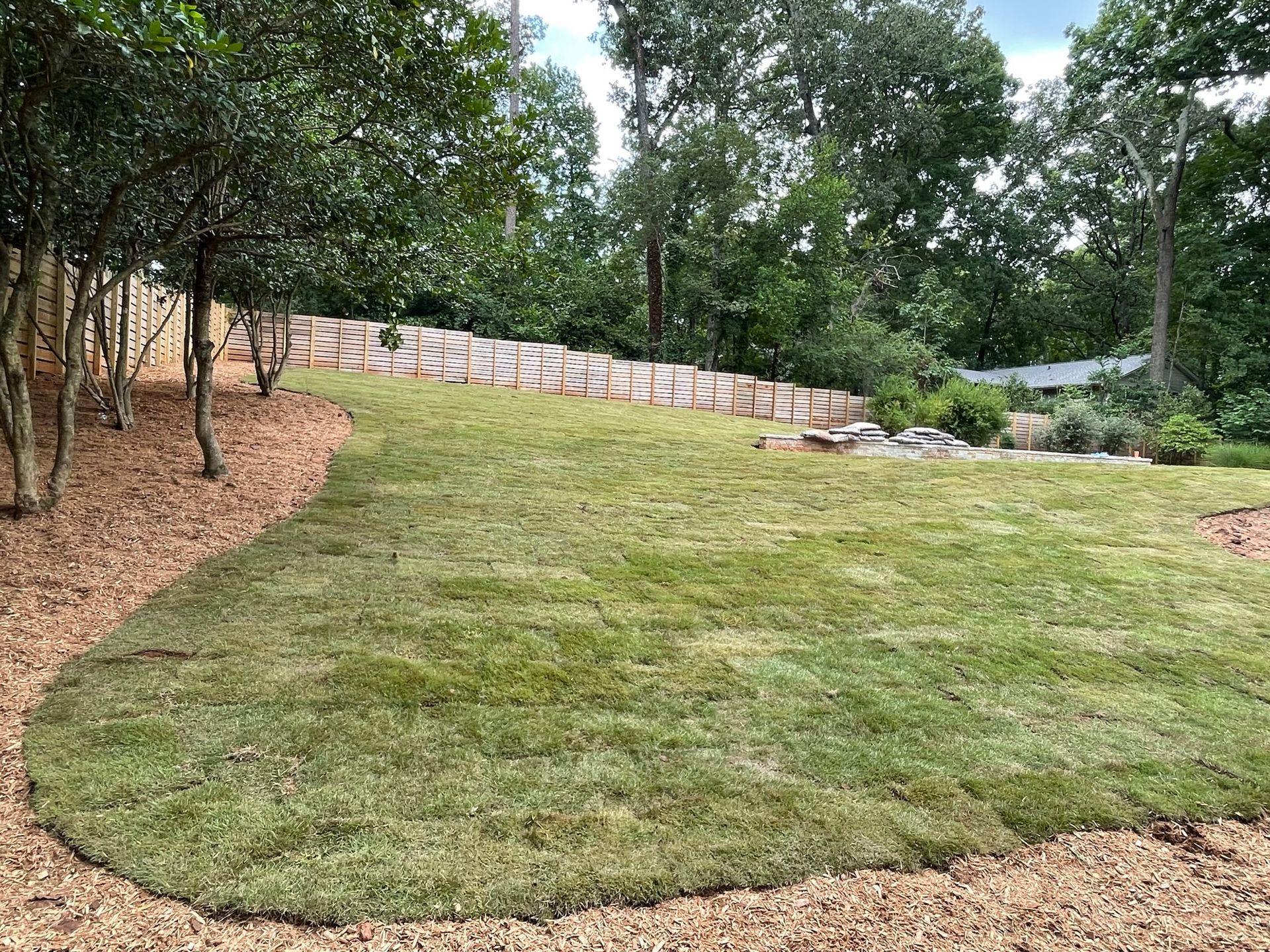 A large lawn with a wooden fence and trees in the background.