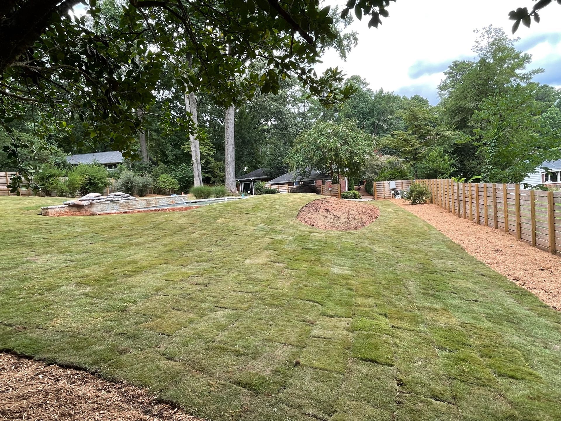 A large lush green lawn with a wooden fence in the background.