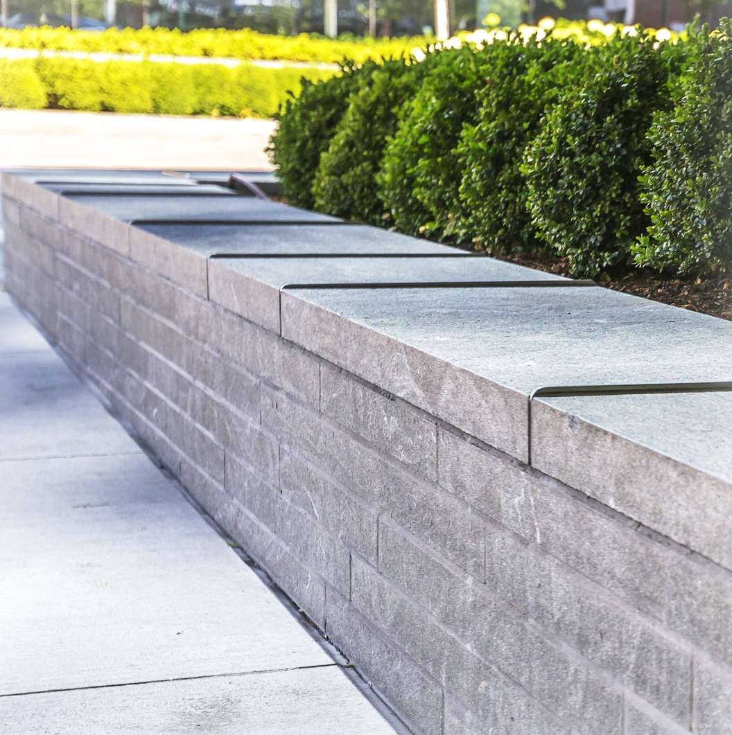 A brick wall with a row of bushes growing on it.