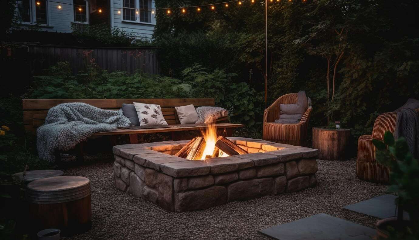 A fire pit in a backyard with a bench and chairs around it.