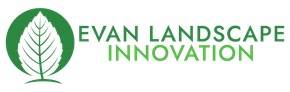 A logo for evan landscape innovation with a butterfly and leaves