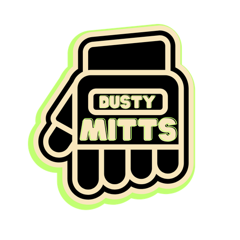 A sticker of a hand with the words dusty mitts on it.