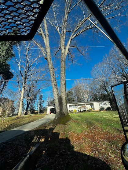 A tractor is driving down a road with trees and a house in the background.