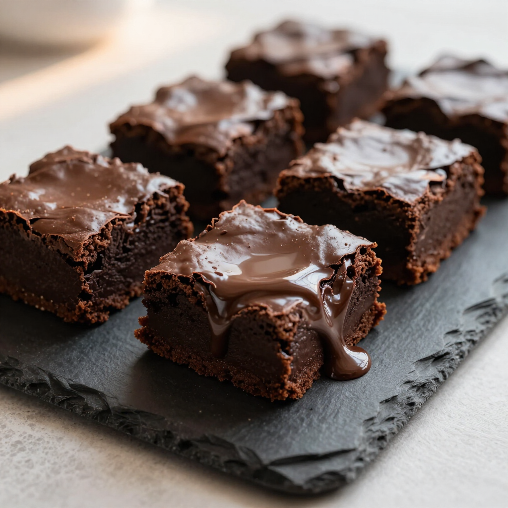 Chocolate brownies with glossy frosting on a slate serving board