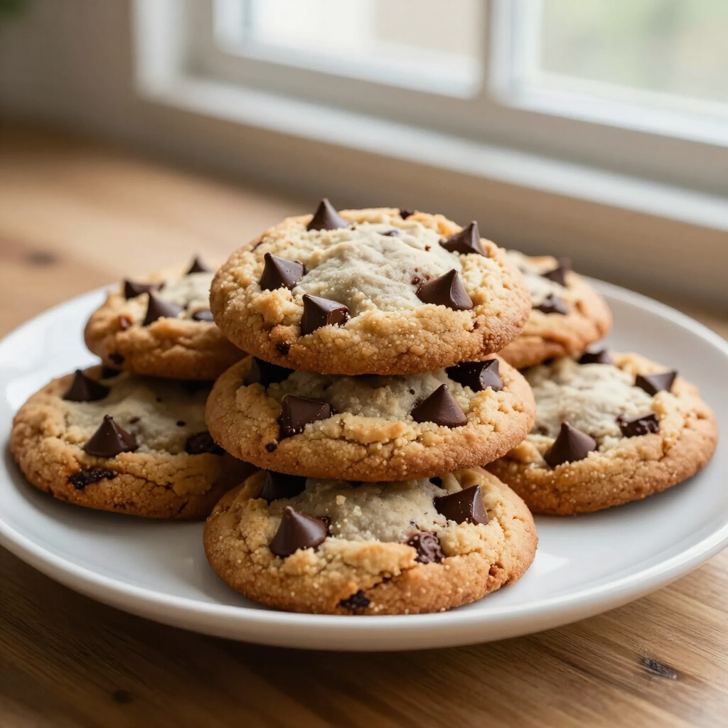 Plate of chocolate chip cookies stacked on a wooden table near a window