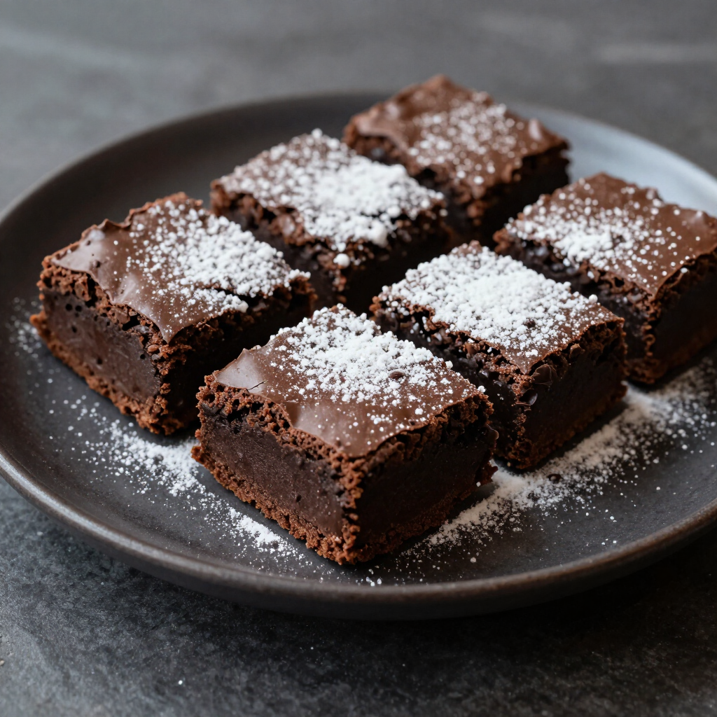 Chocolate brownies dusted with powdered sugar on a dark plate