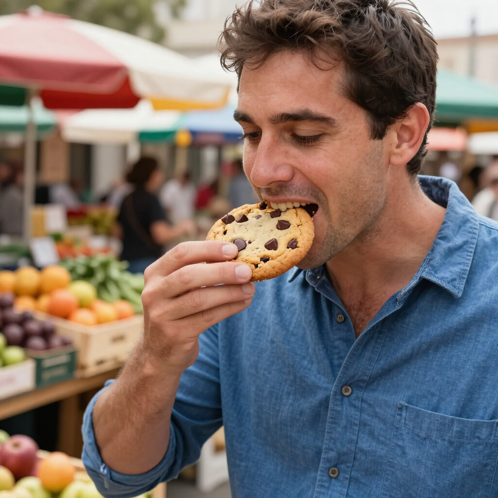 Man at an outdoor market eating a chocolate chip cookie, with fruit stands and umbrellas behind him