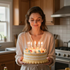 Woman holding a lit birthday cake in a kitchen