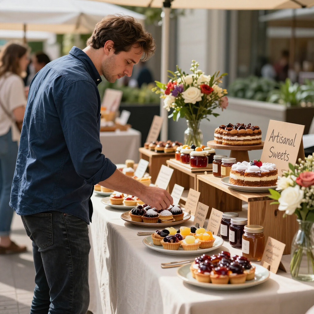 Man selecting pastries at an outdoor dessert buffet with cakes, fruit tarts, and flowers