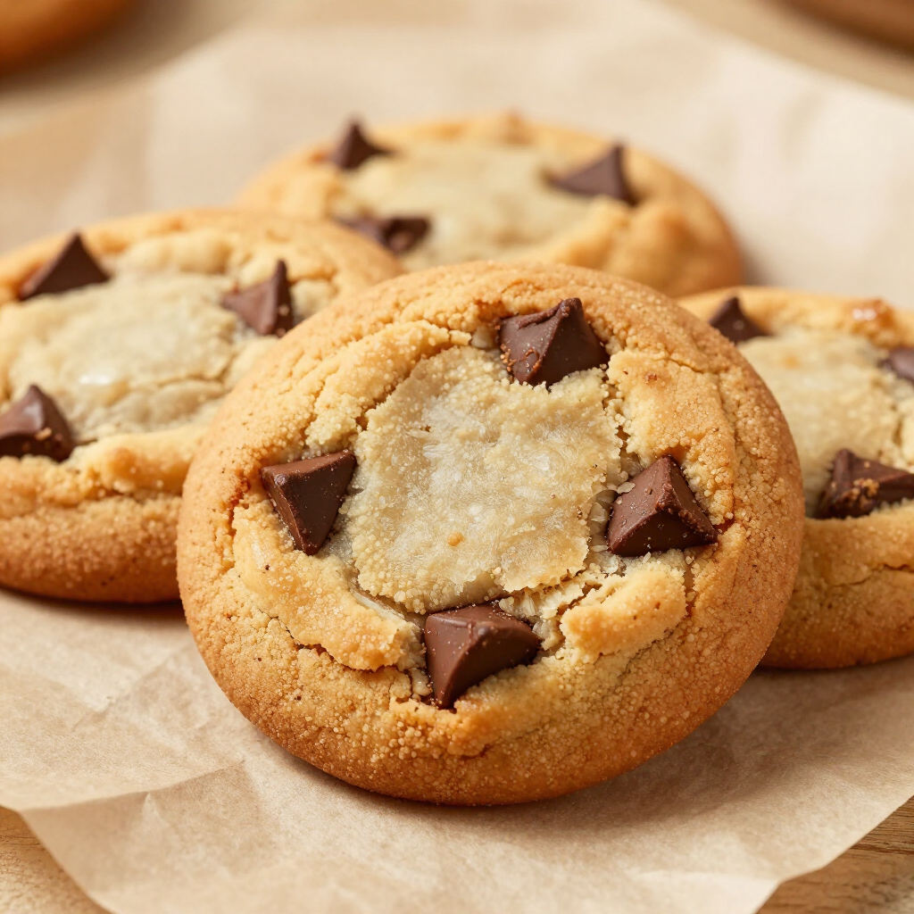 Chocolate chip cookies on parchment paper, one in front with golden-brown edges.