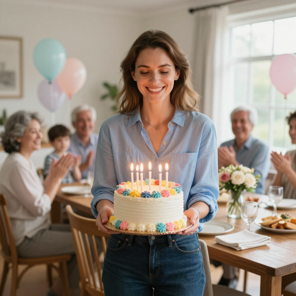 Woman holding a lit birthday cake at a party table with guests and balloons in the background