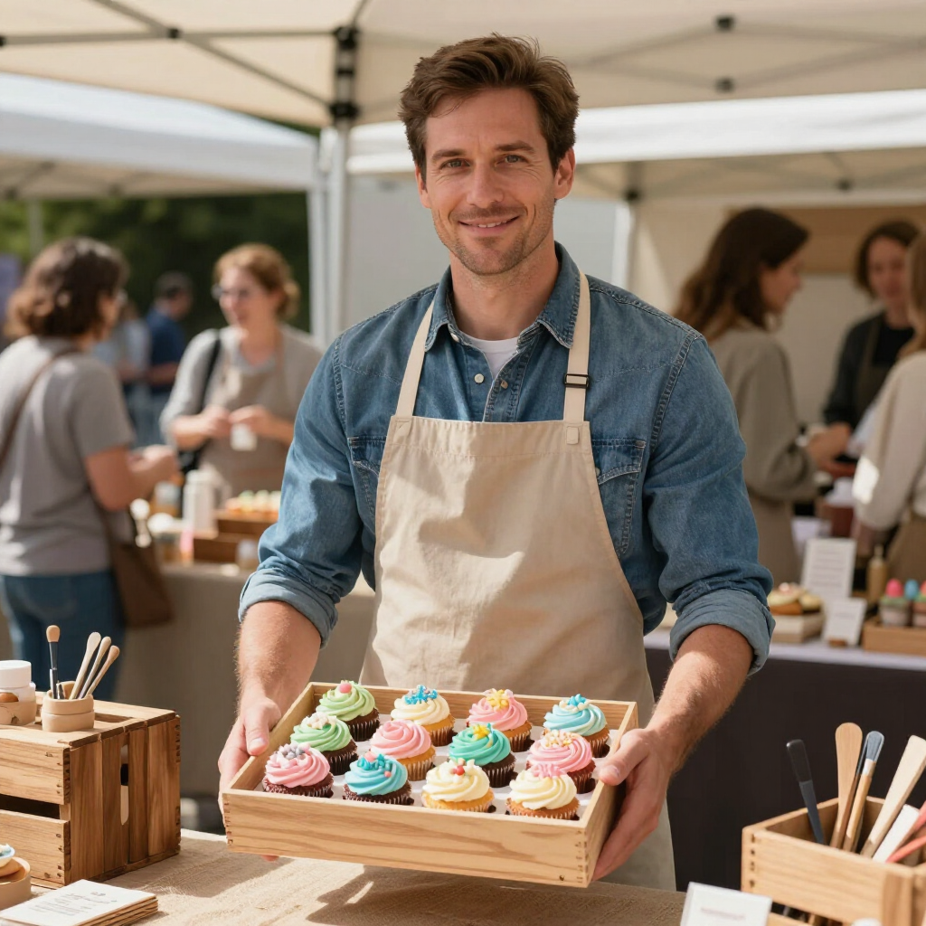 Bakery vendor smiling, holding a tray of colorful cupcakes at an outdoor market booth