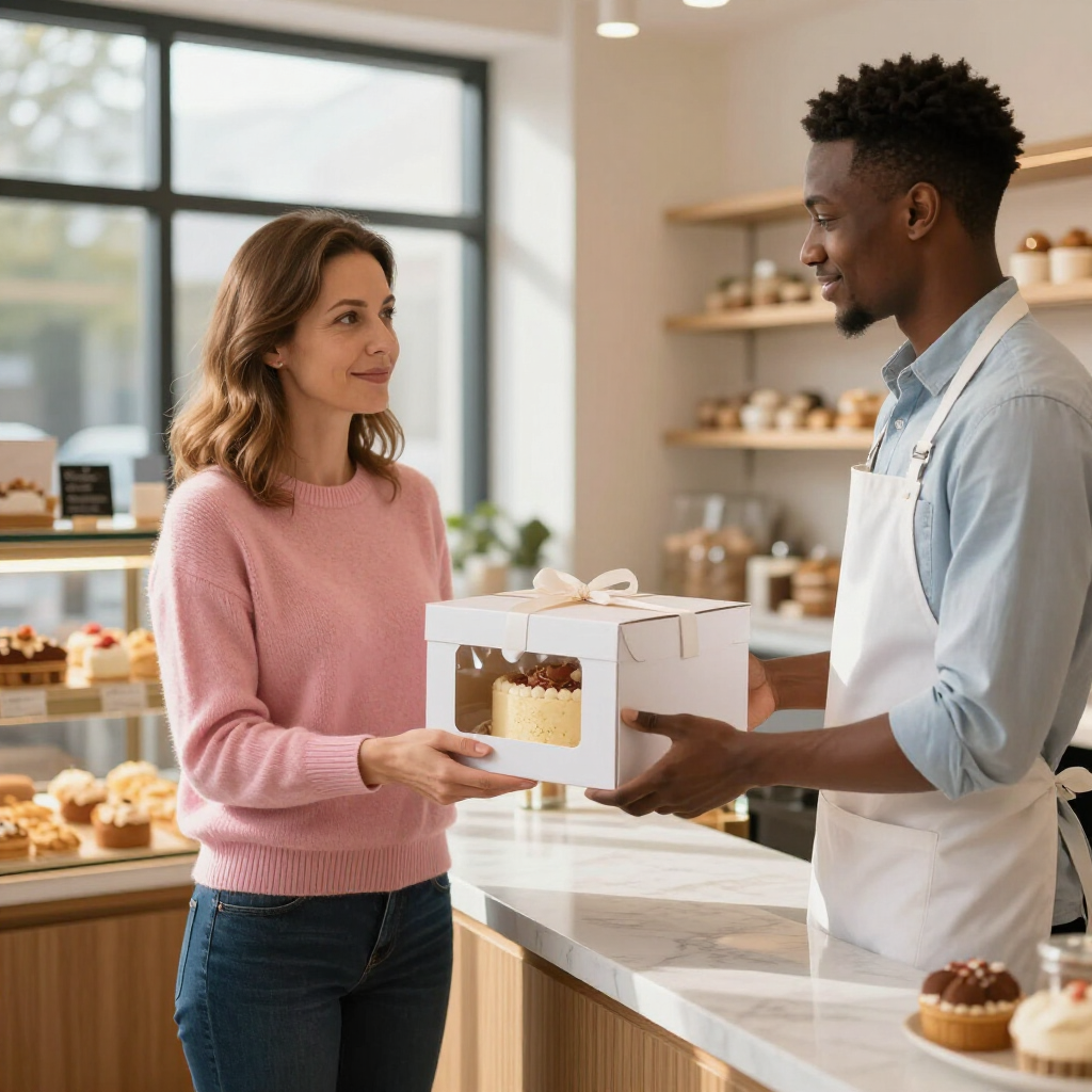 Customer receiving a boxed pastry from a bakery counter while the clerk smiles beside display cases.