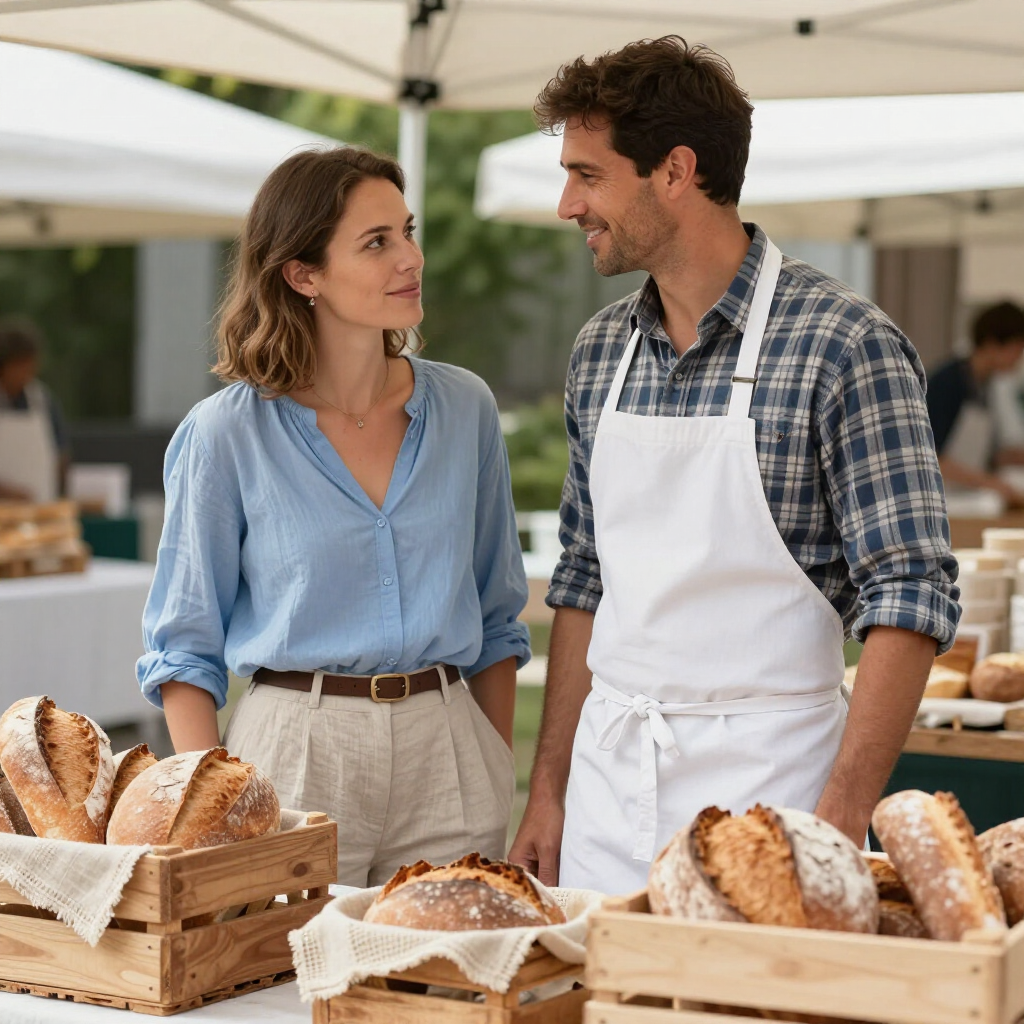Two bakers chatting at a market stall with baskets of fresh bread