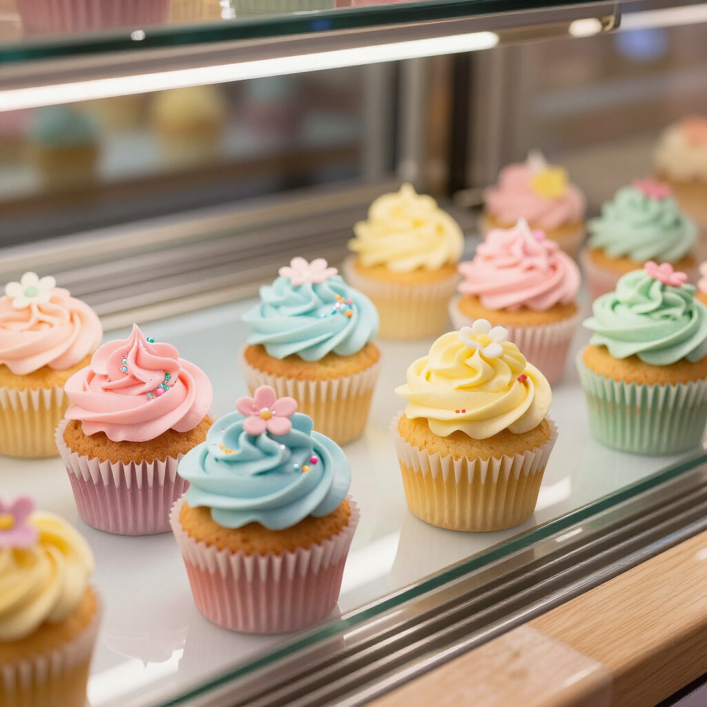 Pastel frosted cupcakes in a bakery display case