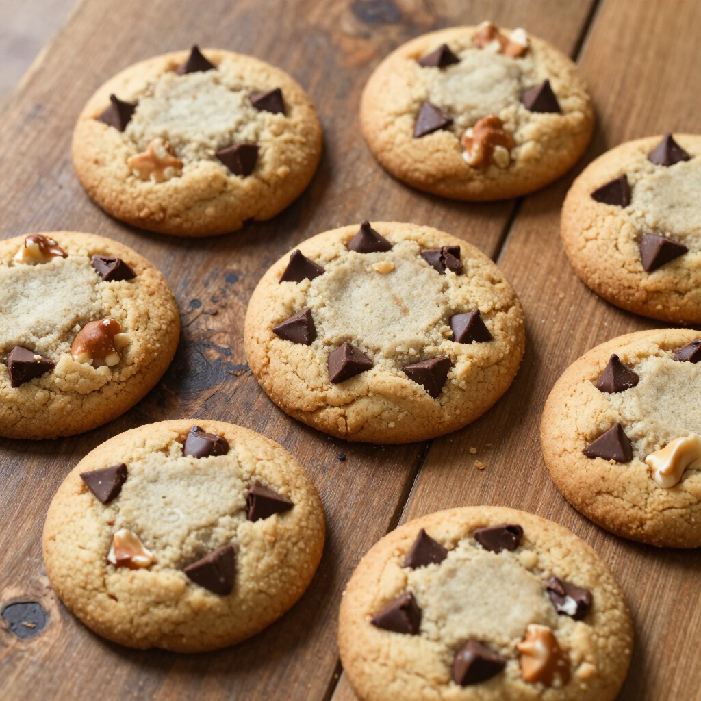 Chocolate chip cookies on a wooden board, some with a scoop of vanilla ice cream on top