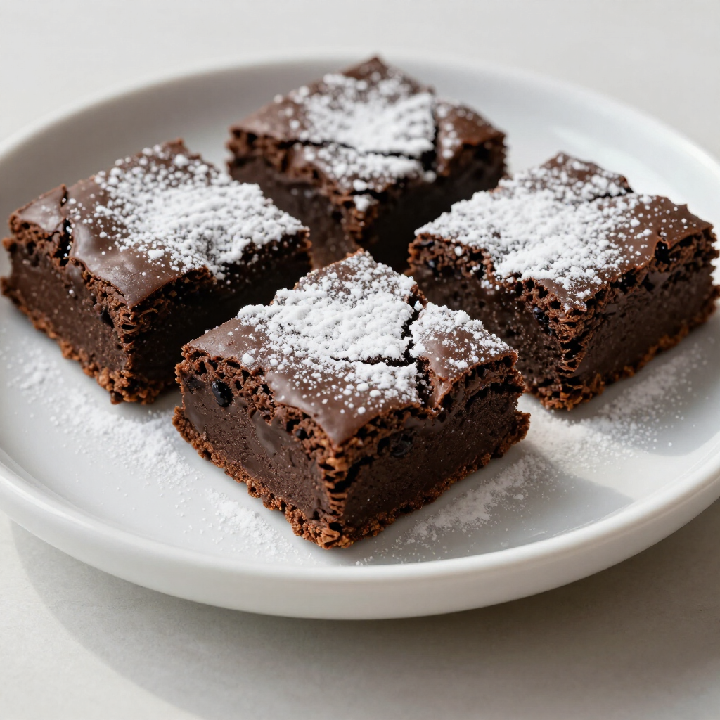 Four chocolate brownies dusted with powdered sugar on a white plate