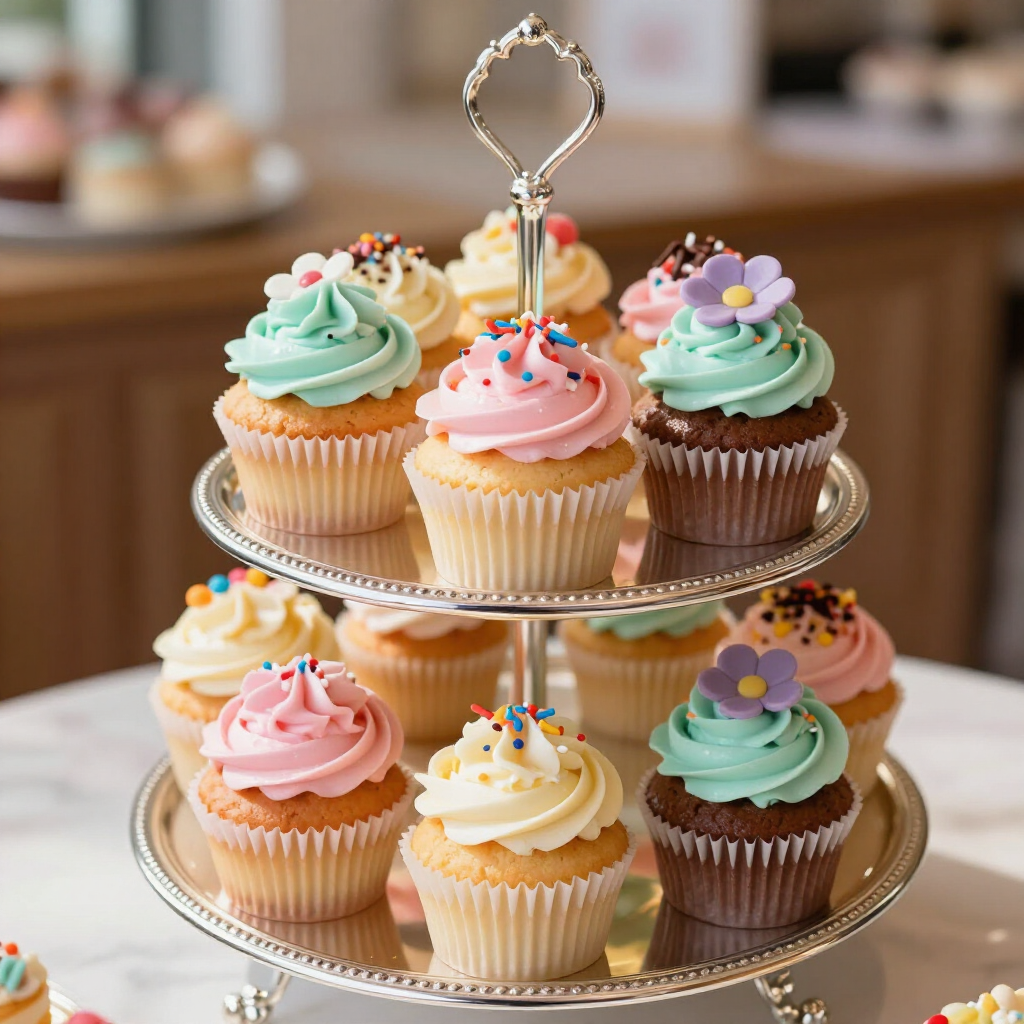 Tiered tray of pastel-frosted cupcakes with sprinkles on a table