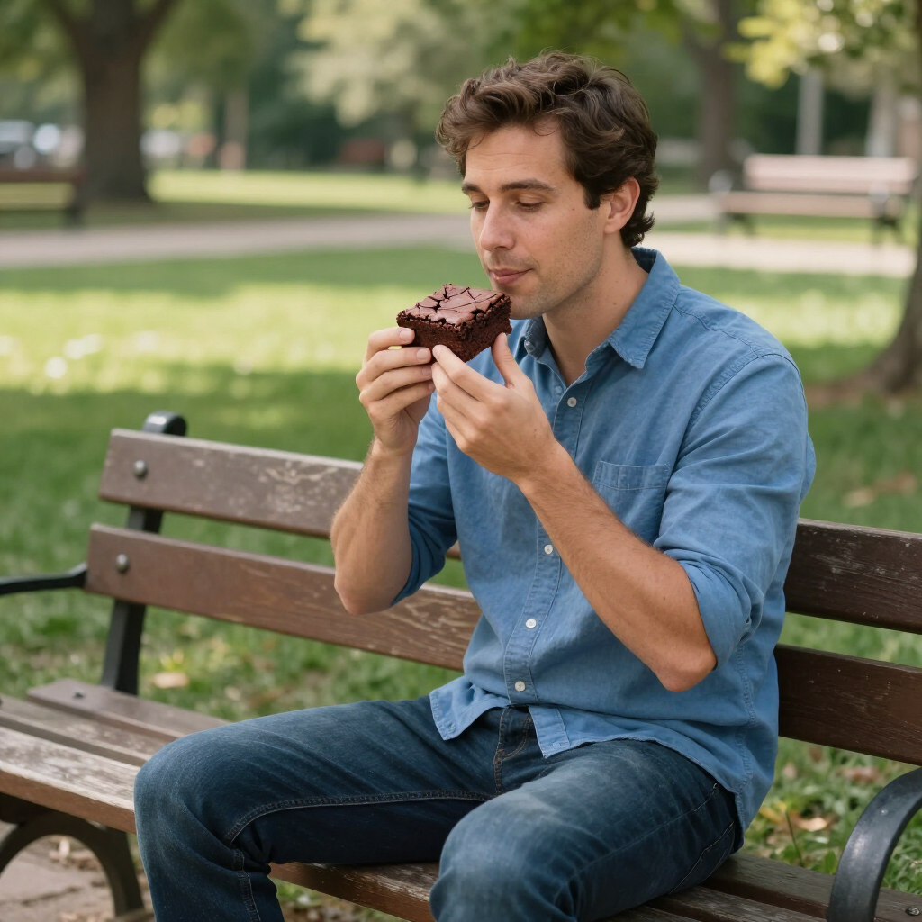 Man sitting on a park bench eating a chocolate dessert outdoors
