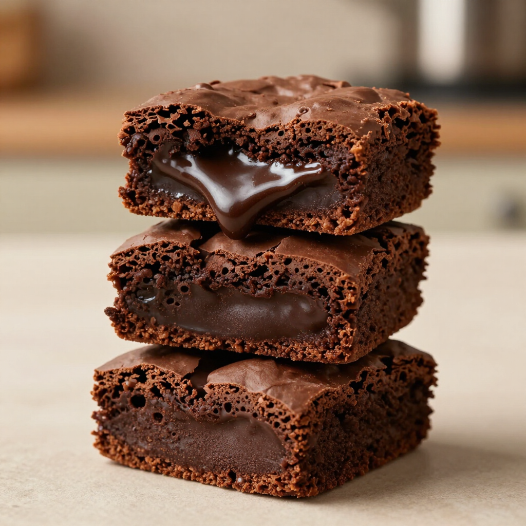 Stacked chocolate cake squares with gooey molten centers on a countertop