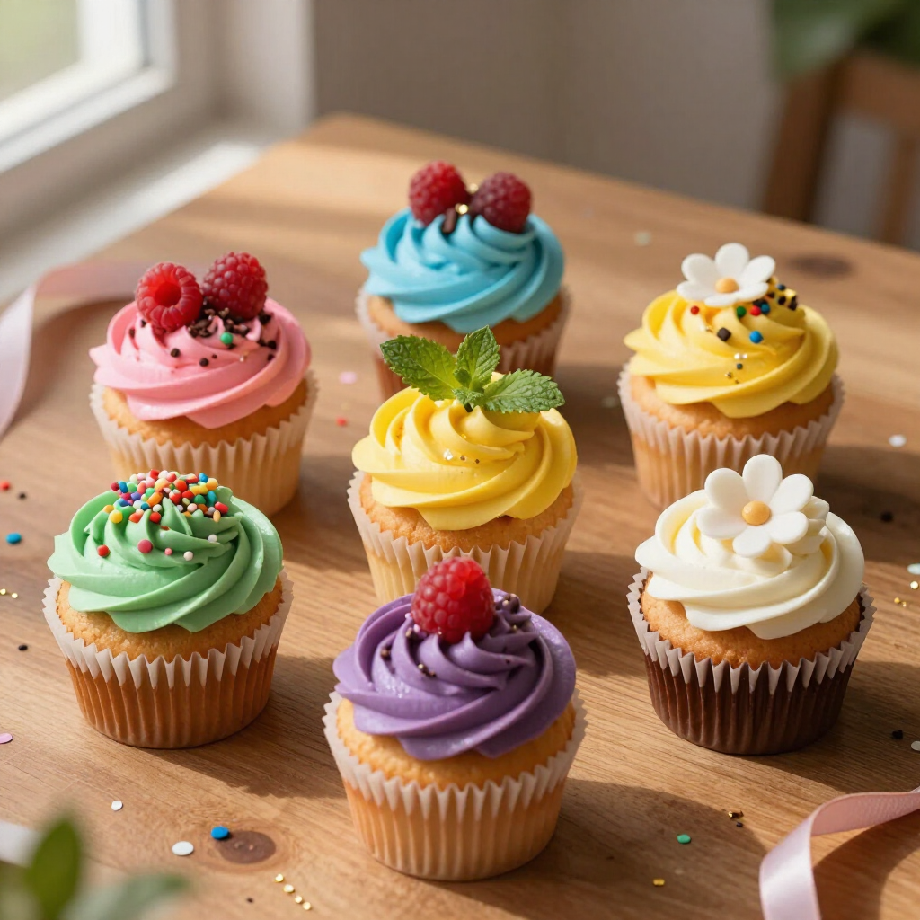 Assorted frosted cupcakes with berries and flowers on a wooden table