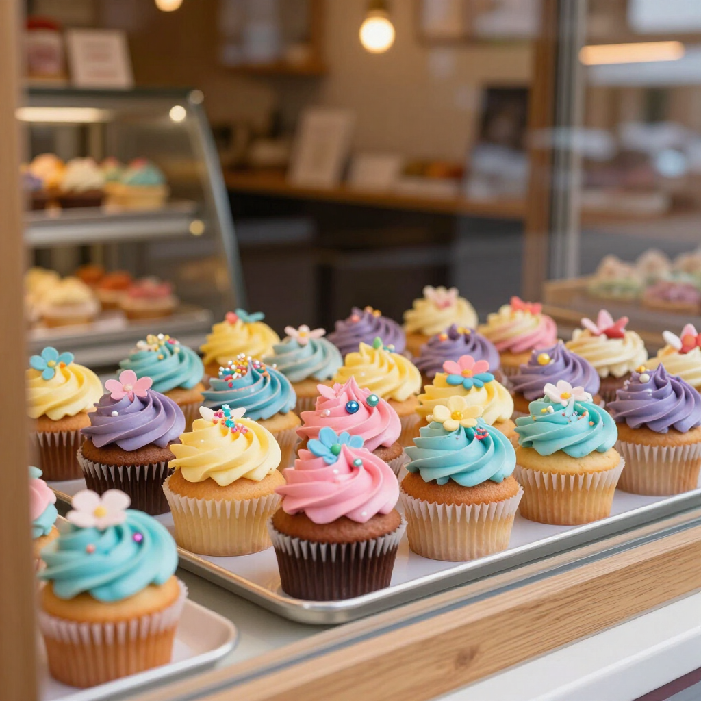 Colorful frosted cupcakes in a bakery display case, arranged on trays with pastel swirls.
