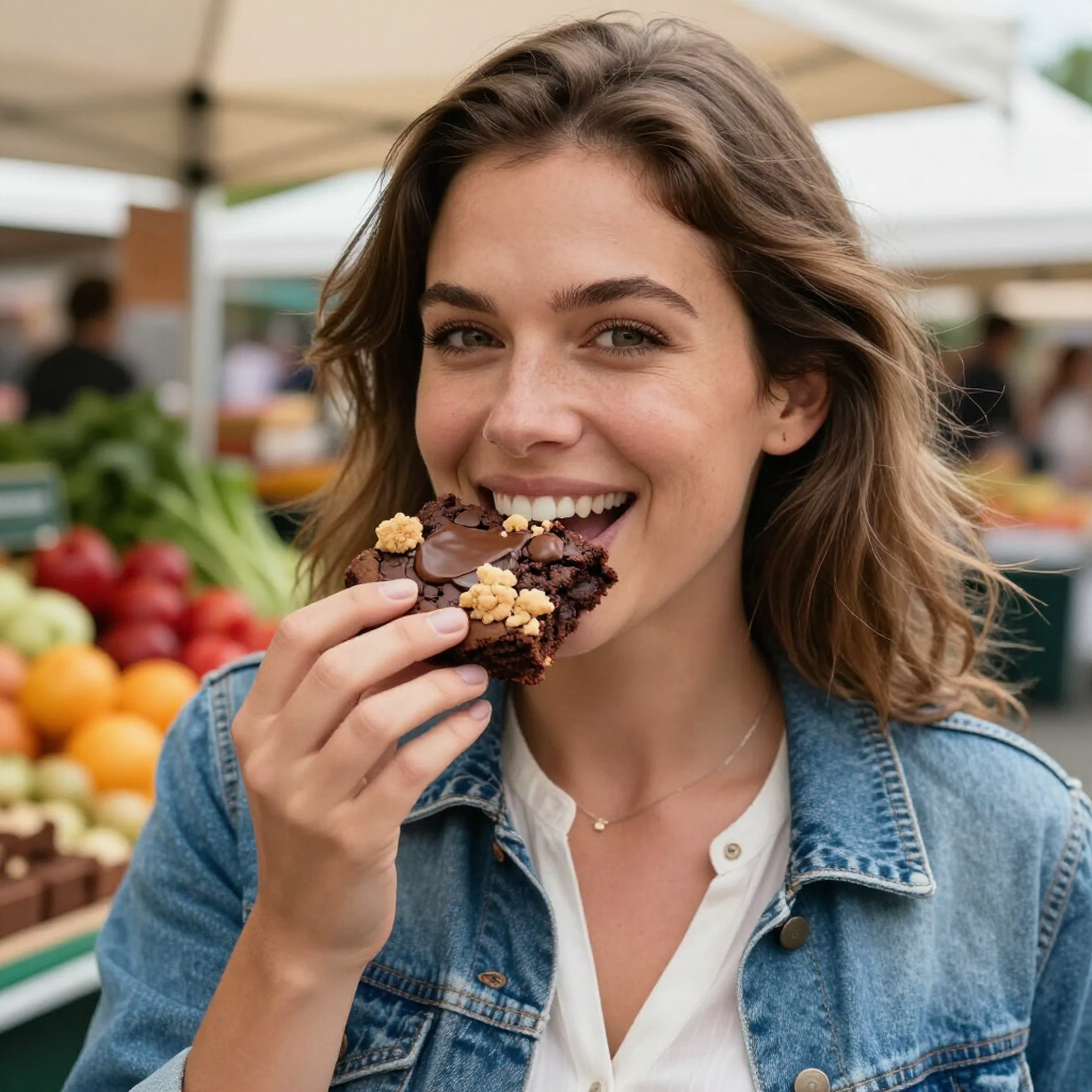 Woman smiling and eating a chocolate dessert at an outdoor market, with fresh produce in the background