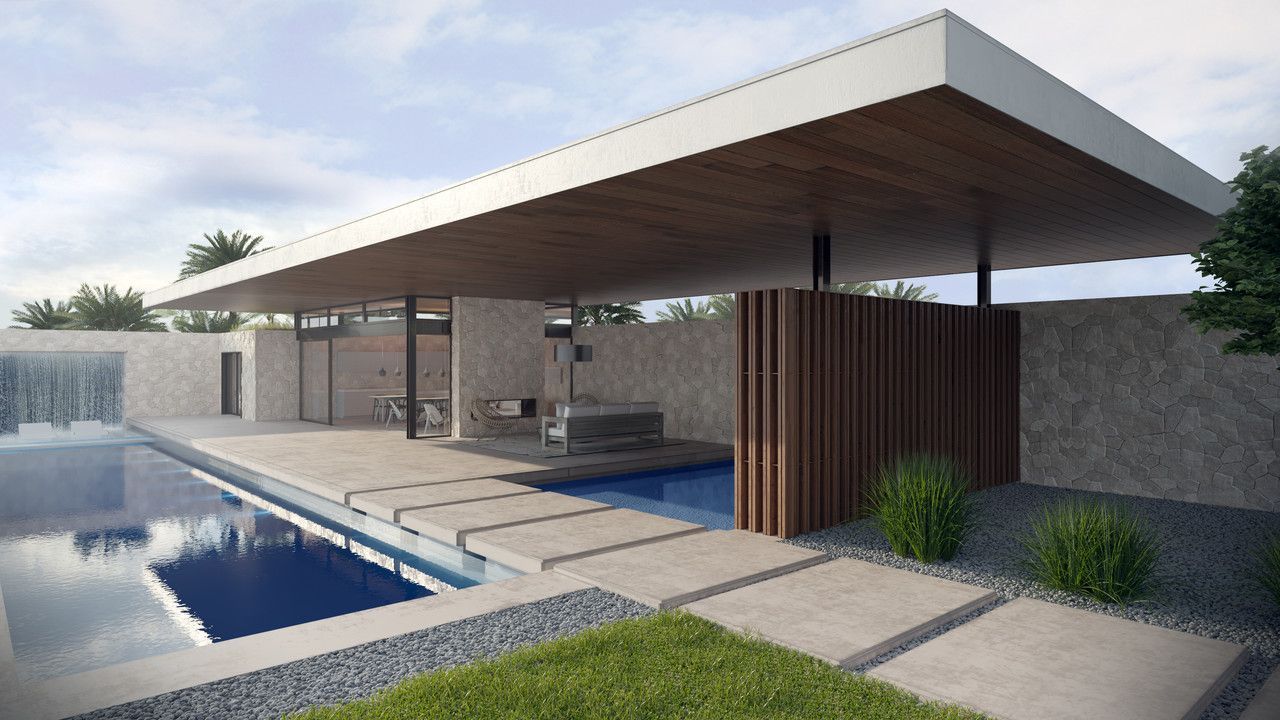 A modern house with a swimming pool in the backyard