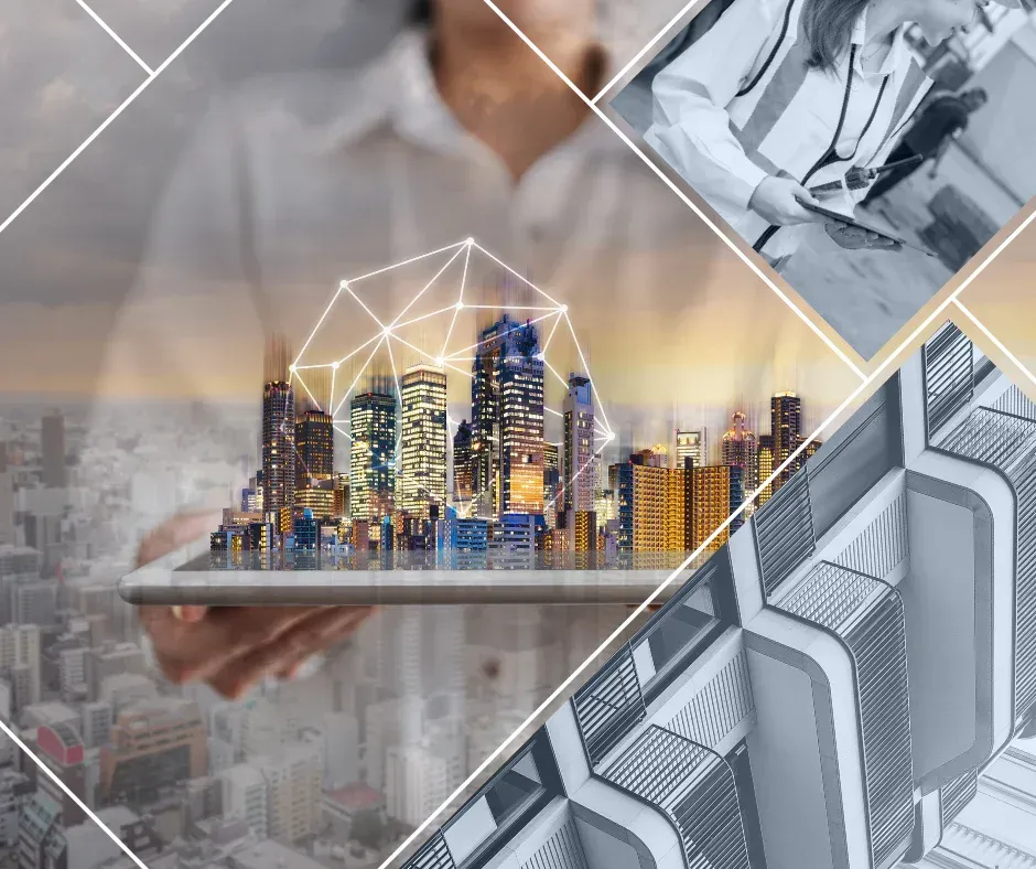 A woman is holding a tablet with a city on it.