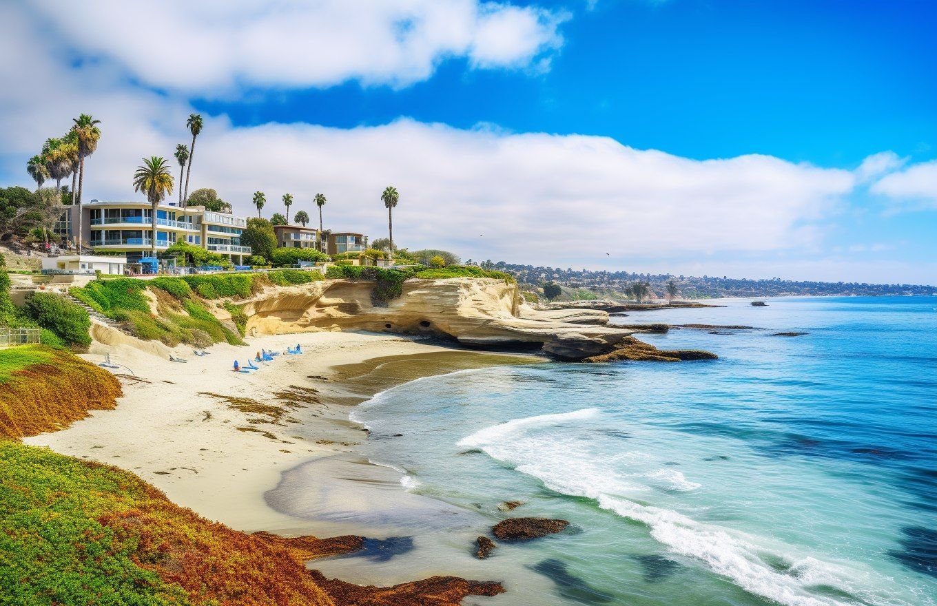 A beach with a lot of waves and palm trees on a sunny day.