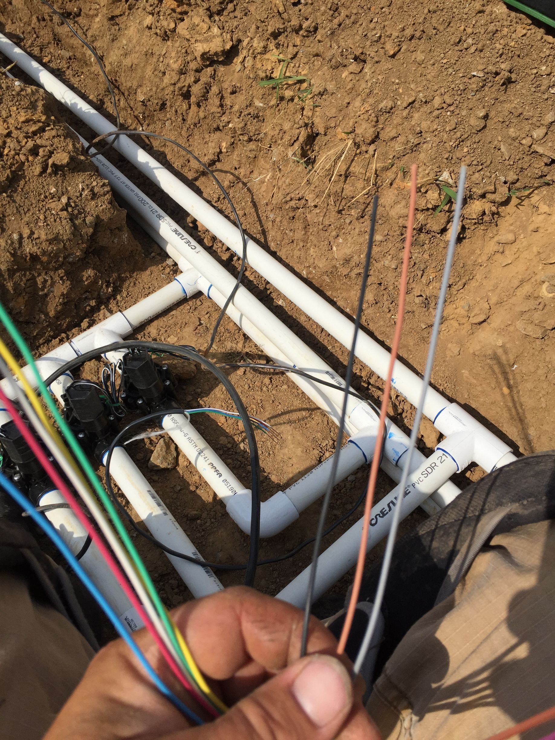 Hand holding multi-colored wires, PVC pipe irrigation system in dirt trench.
