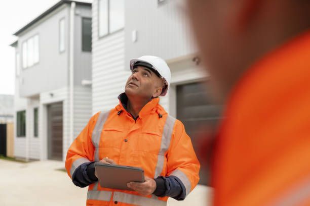 Construction worker in orange vest and hard hat examining a building exterior, holding a tablet and pen.
