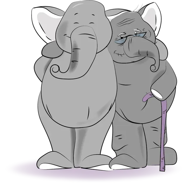 Two elephants standing next to each other with one holding a cane