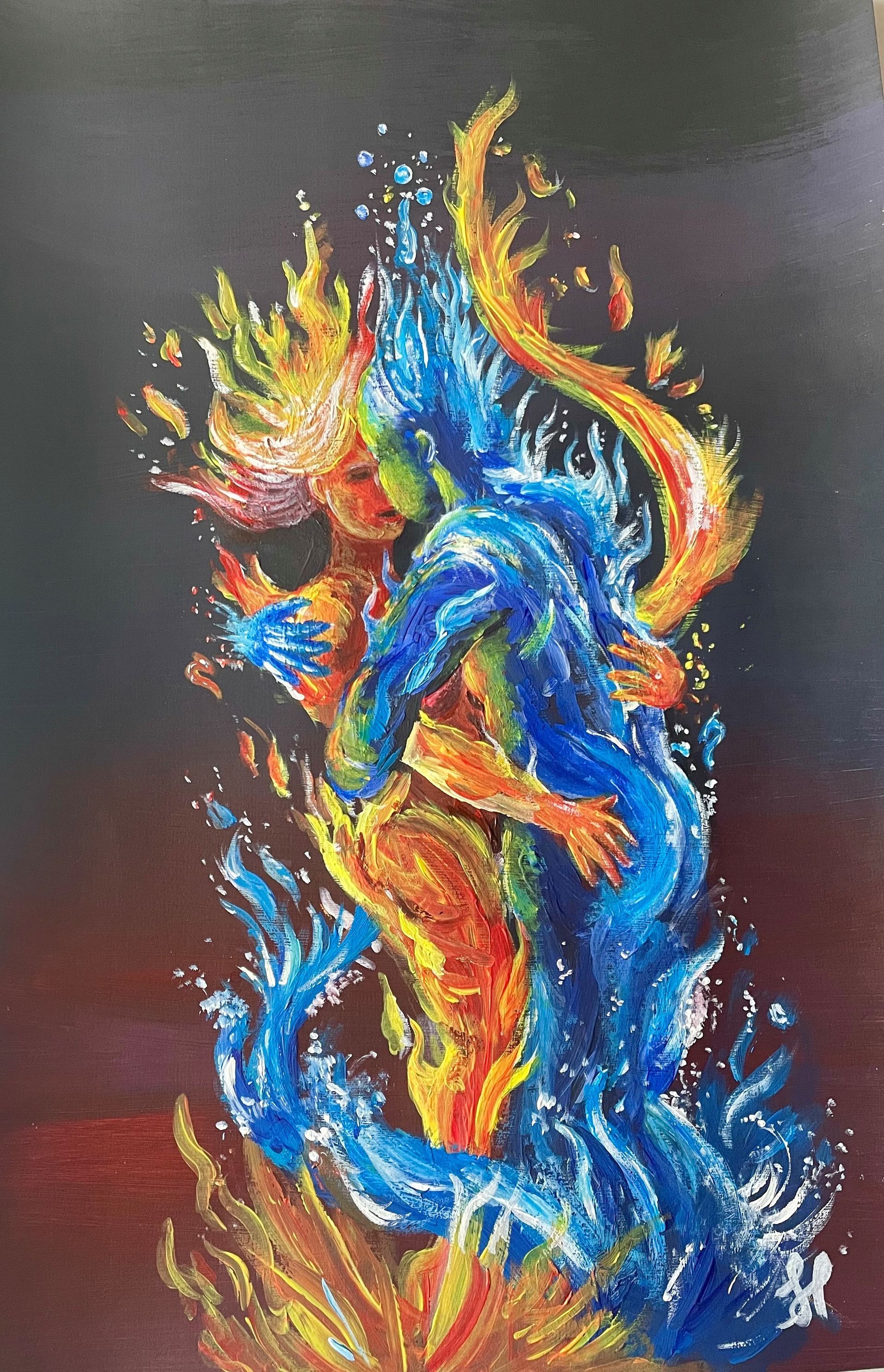 A painting of a man made of water and a woman made of fire embracing