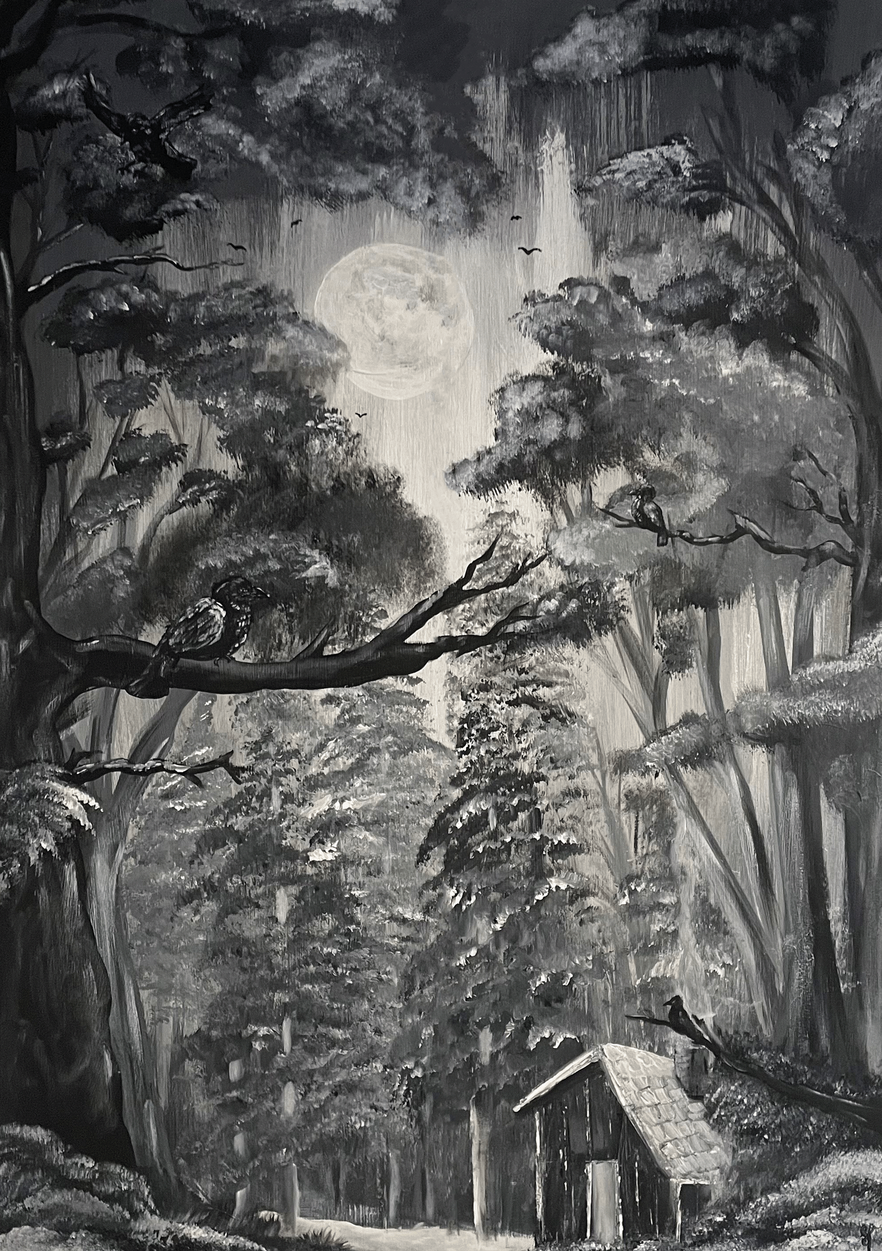 A black and white painting of a shack in the woods