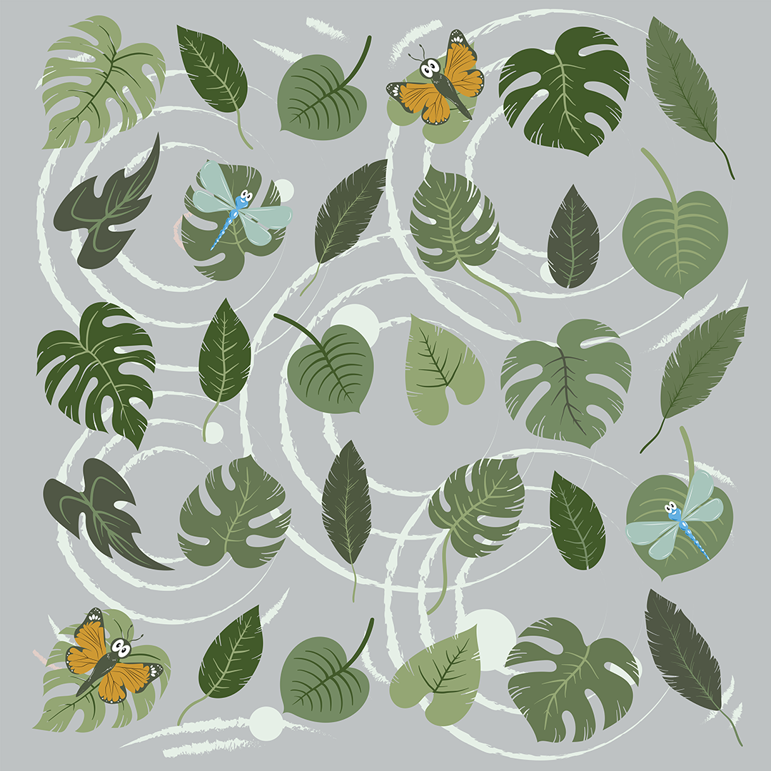 A pattern of leaves and butterflies on a gray background