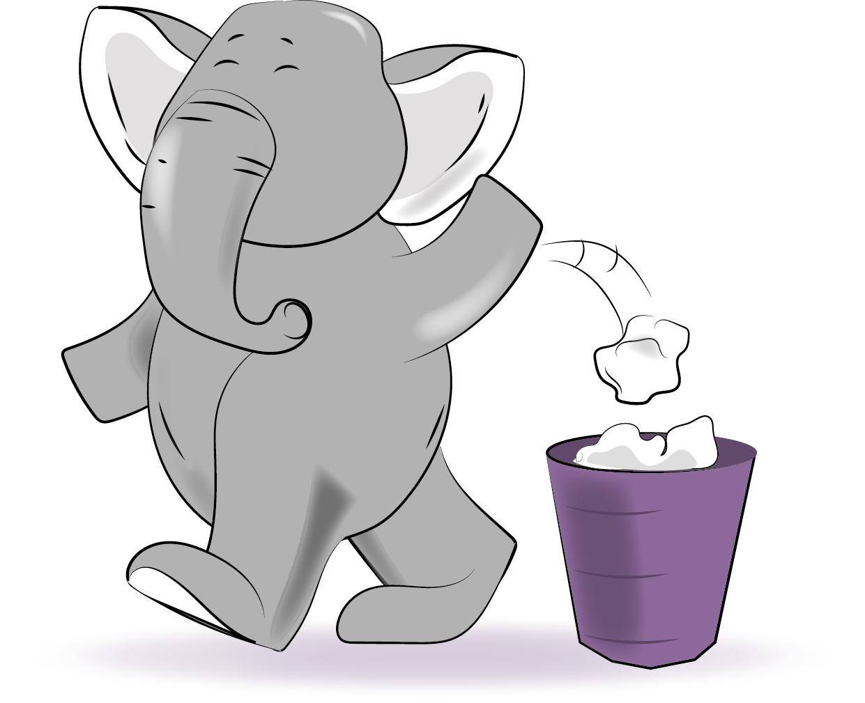 A cartoon of an elephant throwing trash into a trash can