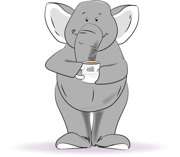 A cartoon elephant is holding a cup of coffee