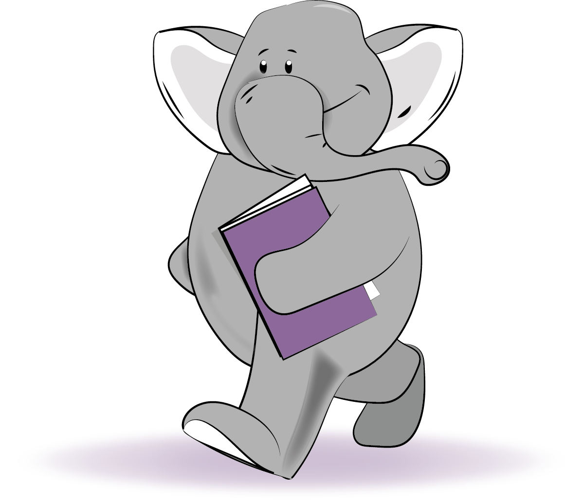 A cartoon elephant is holding a purple book