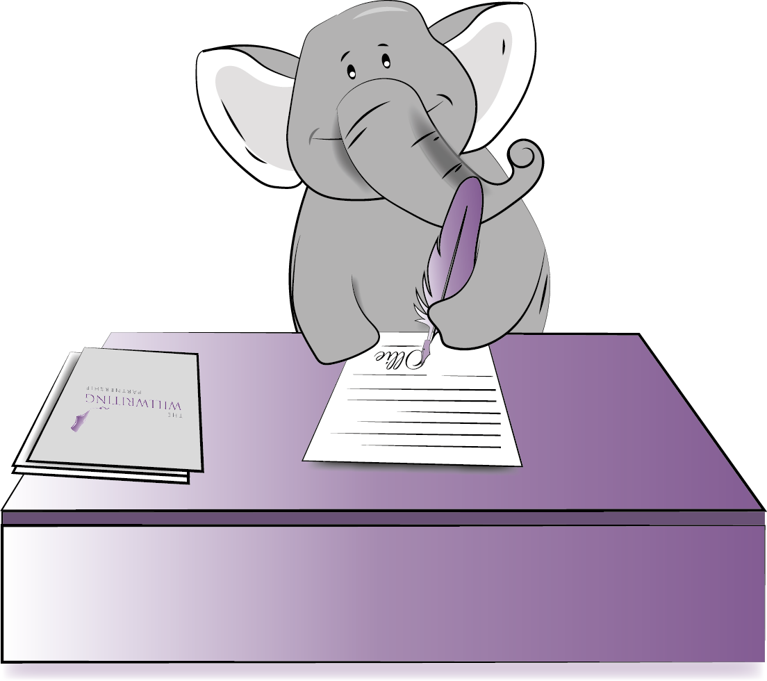 A cartoon elephant is writing on a piece of paper
