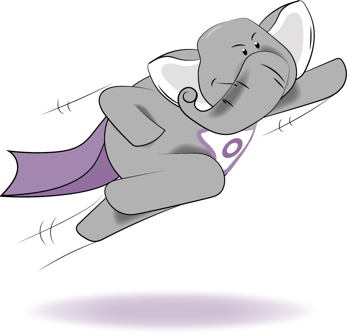 A cartoon elephant is flying through the air with a purple cape