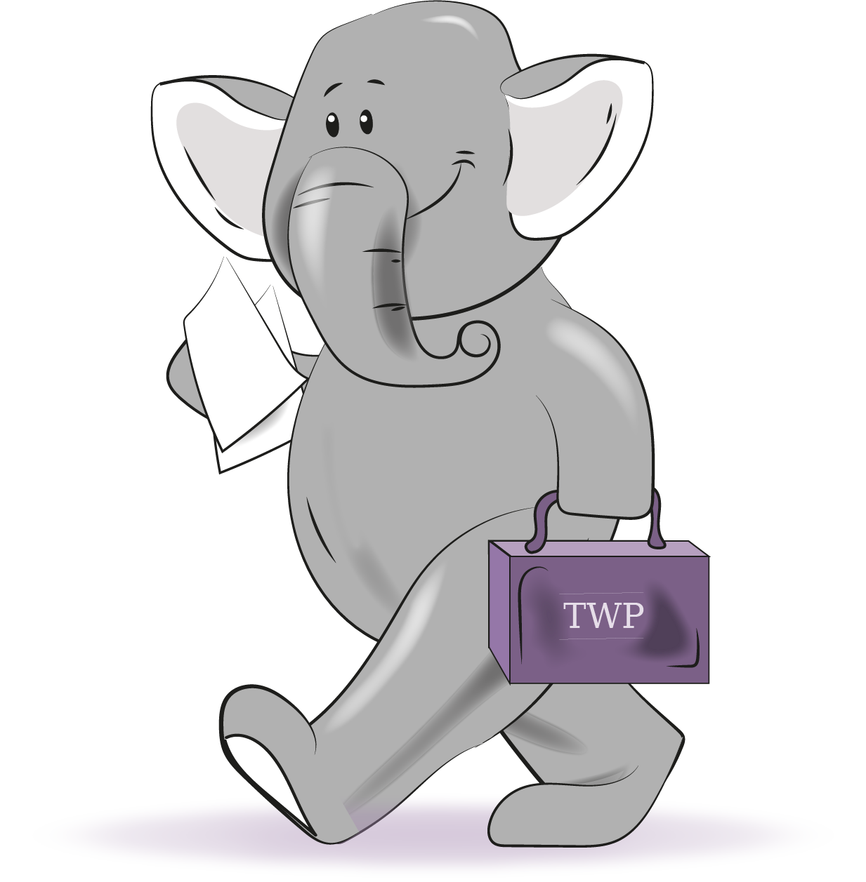 A cartoon elephant is carrying a purple box that says twp