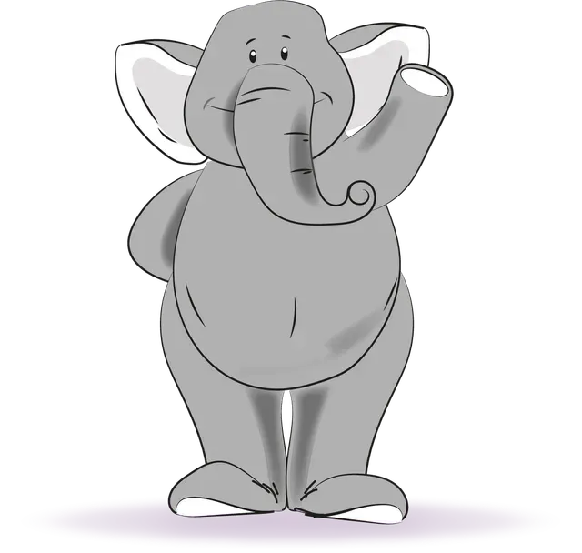 A cartoon elephant is standing with its trunk in its mouth.