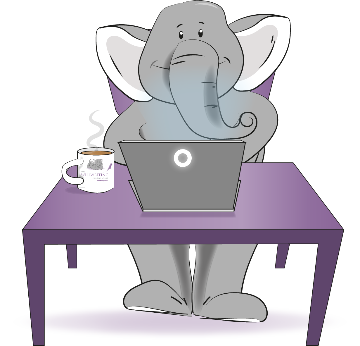 An elephant sits at a table with a laptop and a cup of coffee