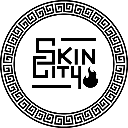 A black and white logo for skin city with a greek key frame around it.