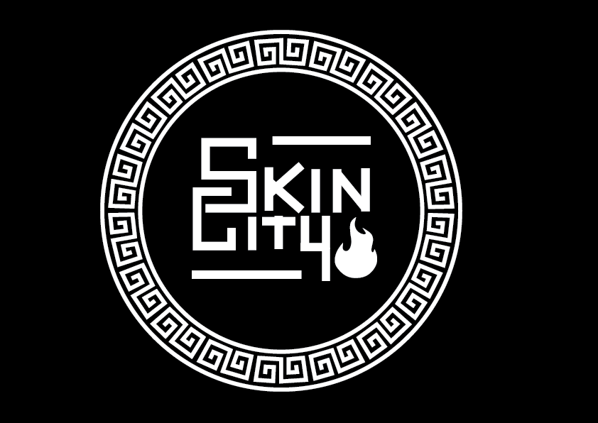 A black and white logo for skin city with a greek key border.